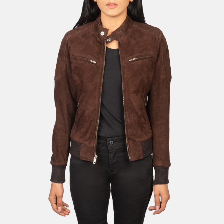 Womens Zenna Mocha Suede Bomber Jacket Open Front-5-1652192710974